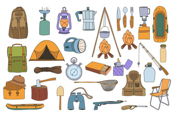 Camping colorful icon collection. Camping concept doodle illustrations collection. Doodle camp illustrations set. Camp equipments colorful doodle illustration set - obrazy, fototapety, plakaty