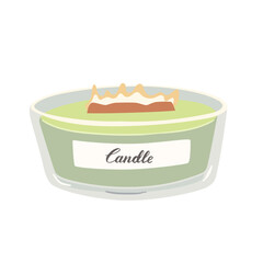 Hand drawn scented burning candle in a glass jar isolated on white background. Aromatherapy, spa, relax flat vector illustration. Create romantic atmosphere, home decor