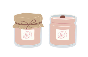 Hand drawn scented wax candle in a glass jar with gift packaging isolated on white background. Home aromatherapy vector illustration. Relaxation and spa. Rose smell..