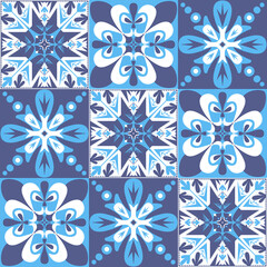 Traditional mediterranean ceramic porcelain tiles, blue white purple pattern for decoration, azulejo talavera spanish style, vector illustration