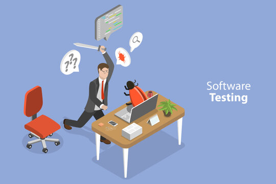 3D Isometric Flat Vector Conceptual Illustration of Software Testing, Coding and Bug Fixing