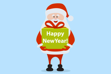 Funny happy Christmas Santa Claus character with gift. For card, banner, tag and label.