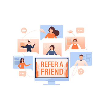 Template with refer a friend man holding megaphone on white background for flyer design. Vector illustration in flat style.