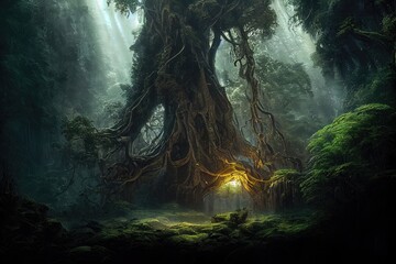 Obraz premium Dark dense forest the sun's rays pass through the trees, shadows. Big old tree in the center. Beautiful forest fantasy landscape. unreal world. Mysterious forest. 3D illustration.