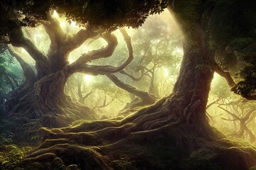Fototapeta na wymiar Dark dense forest the sun's rays pass through the trees, shadows. Big old tree in the center. Beautiful forest fantasy landscape. unreal world. Mysterious forest. 3D illustration.