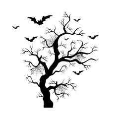 Halloween spooky silhouette tree vector illustration.Monochrome evil curled plant with spider web and bats