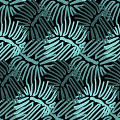 Fototapeta premium Tropical leaf seamless pattern, blue green color, vector illustration