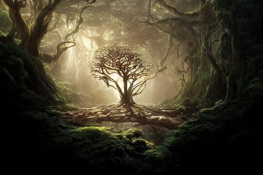 Dark dense forest the sun's rays pass through the trees, shadows. Big old tree in the center. Beautiful forest fantasy landscape. unreal world. Mysterious forest. 3D illustration.