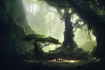 Dark dense forest the sun's rays pass through the trees, shadows. Big old tree in the center. Beautiful forest fantasy landscape. unreal world. Mysterious forest. 3D illustration.