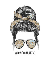 Woman messy bun hairstyle with retro flowers pattern headband and glasses illustration