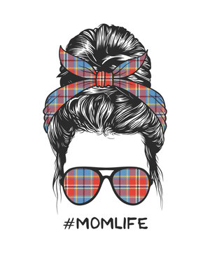 Woman messy bun hairstyle with cool square pattern headband and glasses vector illustration