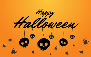 Fototapeta premium Happy Halloween Orange Background with black Skulls and Spiders.