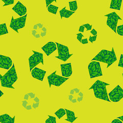 Recycle pattern. Seamless Ecology pattern with green Recycle Signs isolated on a Green Background. World Environment Day background.