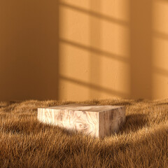 Autumn wooden podium among dry grass, product showcase background - 3D rendering
