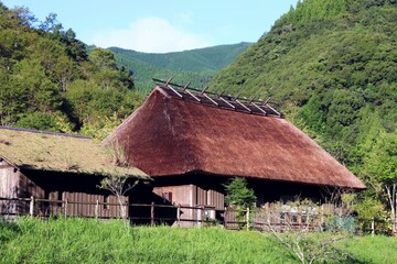 Fototapeta na wymiar おがわ作小屋村　藁ぶき屋根の風景