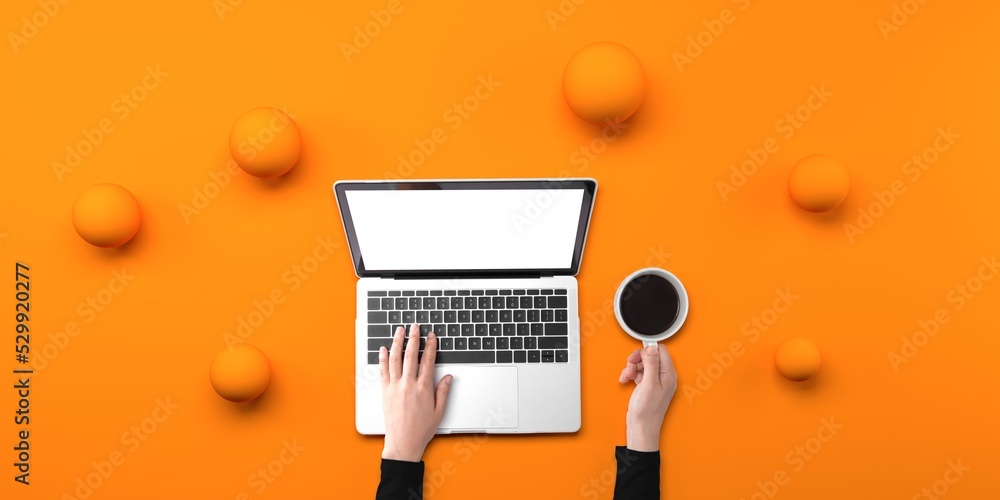 Aufkleber person using a laptop computer with abstract spheres from above