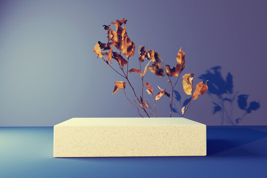 Autumn leaves with a rectangular podium - 3D render