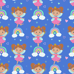 Vector seamless pattern with a princess, rainbow, stars and other elements. Fairy with a magic wand children's illustration. Cartoon fairy pattern for kids, girls. Wallpaper, packaging, design.
