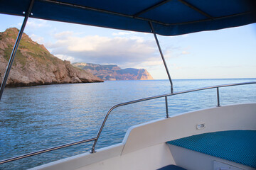 Fototapeta na wymiar View from a motor yacht on seashore