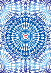 Openwork mandala with aum, om, ohm sign in center. Mandalas background, blue color. Vector graphics.
