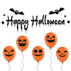 Halloween greeting banner. Air orange balloons with spooky faces, bats and Happy Halloween melting lettering on white background. Design for website, poster, greeting card, party invitation. Vector