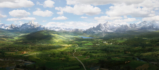 Digital composite illustration of a cinematic fantasy landscape with valleys, rivers and mountains. 