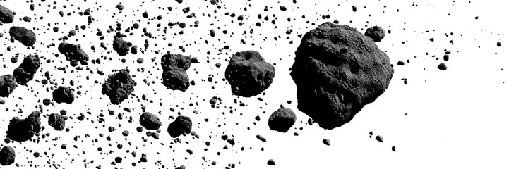 a swarm of asteroids, isolated, banner format © dottedyeti