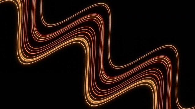 Wavy stripe with moving neon lines. Design. Wavy line moves diagonally on black background. Not new lines are moving in wavy stream