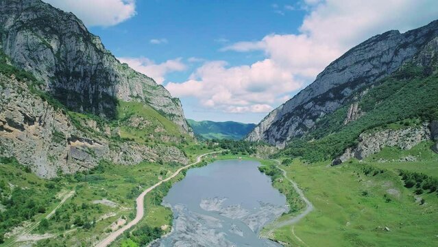 Aerial of Gizeldon river valley in the region of North Ossetia, Russia. North Caucasus Landscape