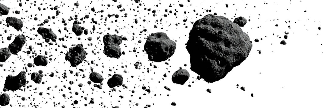 a swarm of asteroids, isolated, banner format