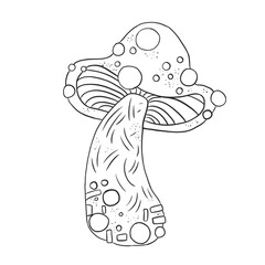 Toadstool mushroom illustration with small elements inside the outline, black and white image