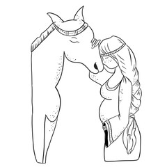 Illustration of a pregnant woman with a horse, black and white image, line art