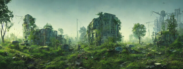 post-apocalyptic city, dystopic overgrown buildings, banner format, digital painting - obrazy, fototapety, plakaty