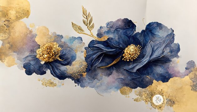 Textured abstract watercolor flowers with a golden sheen. An elegant flower card or banner template with space for text. 3D illustration