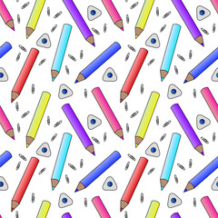 Vector seamless pattern with school supplies, rulers, eraser, pencils. A template with school attributes. Vector illustration.Ideal for children's posters, packaging, textiles, web design, postcards.