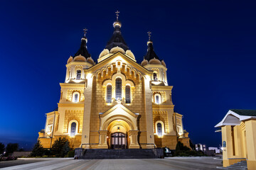 Fototapeta na wymiar View on Alexander Nevsky Novoyarmarochny Cathedral in Nizhny Novgorod at night. Russia