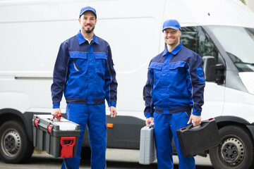 Happy Male Workers Holding Toolboxes