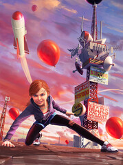 Digital illustration featuring a completely fictional character and world. A girl lands on a rooftop surrounded by a futuristic world with missiles, balloons and structures against a red sunset.