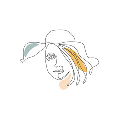 Continuous one line drawing of woman face with hat