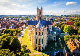 Aerial view of Canterbuty, cathedral city in southeast England, was a pilgrimage site in the Middle...