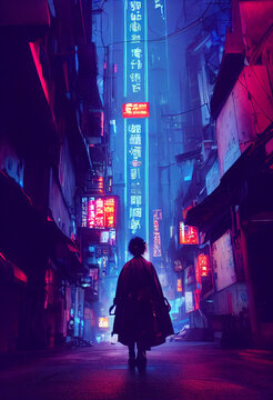 cyber city street with neon lights, rain at night, digital illustration