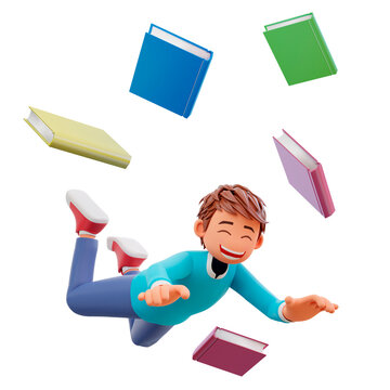 Cute Boy Fall With Many Books Cartoon 3d Icon Illustration. People Education Icon Concept