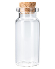 Bottle with cork stopper. Clear, empty, small, mini glass jar bottle with cork stopper or cap for...