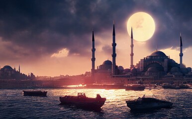 Full moon night in Istanbul - obrazy, fototapety, plakaty