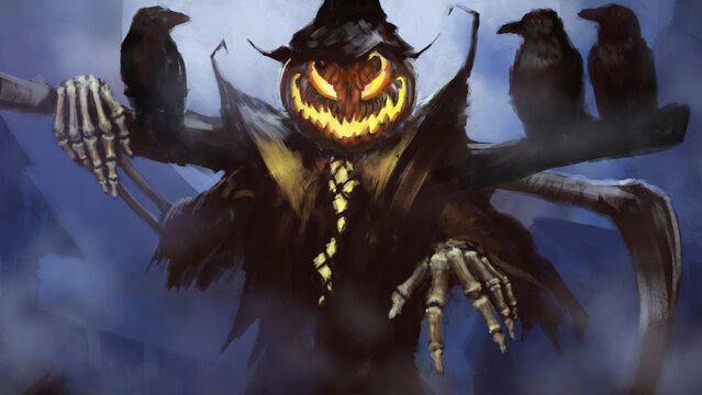 A scarecrow with a terrible smile holds a scythe on his shoulder, crows sit on his back, the moon shines behind. Digital drawing style, 2D illustration