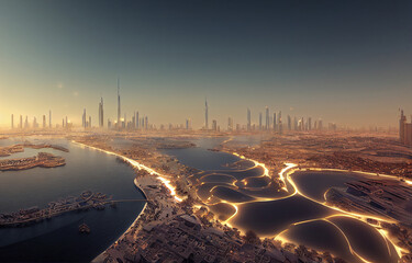 Fototapeta na wymiar Aerial view of Dubai city in sunset light. 