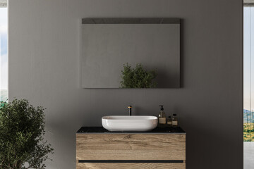 Close up of bathroom furniture with white sink, accessories, gray wall, . Square mirror is hanging on wall. Stand for cosmetics, copy space, mock up.3d rendering