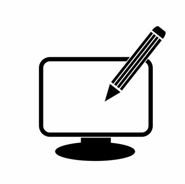 Monitor screen and pencil icon, logo template. Flat design style, illustration isolated on a white background