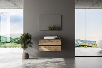 Modern gray bathroom interior with concrete floor, panoramic window with city view, dark wall, white bathtub, and sink with vertical mirror and wooden vanity. 3d rendering copy space