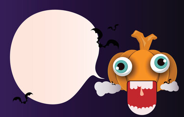 Halloween greeting card. bank speech bubble decorated with pumpkins, ghosts and bats. Invitation card idea or gift giving away ghost. vector illustration background